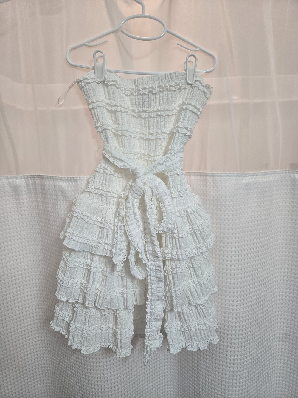 one clothing White Strapless Ruffle Tiered Mini Dress with Waist Tie